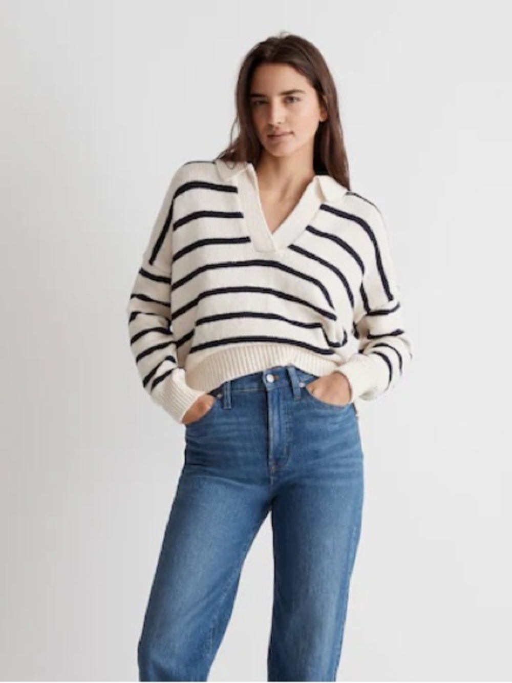 Madewell Dedham Polo Sweater in Antique Cream Stripe Size Small NWT
